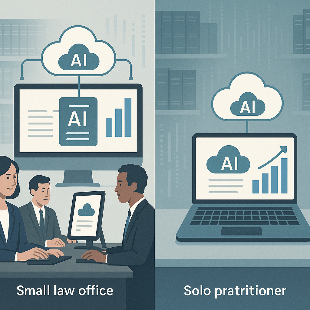 Split-screen infographic of small law office and solo attorney using cloud AI document tools, with rising adoption charts and