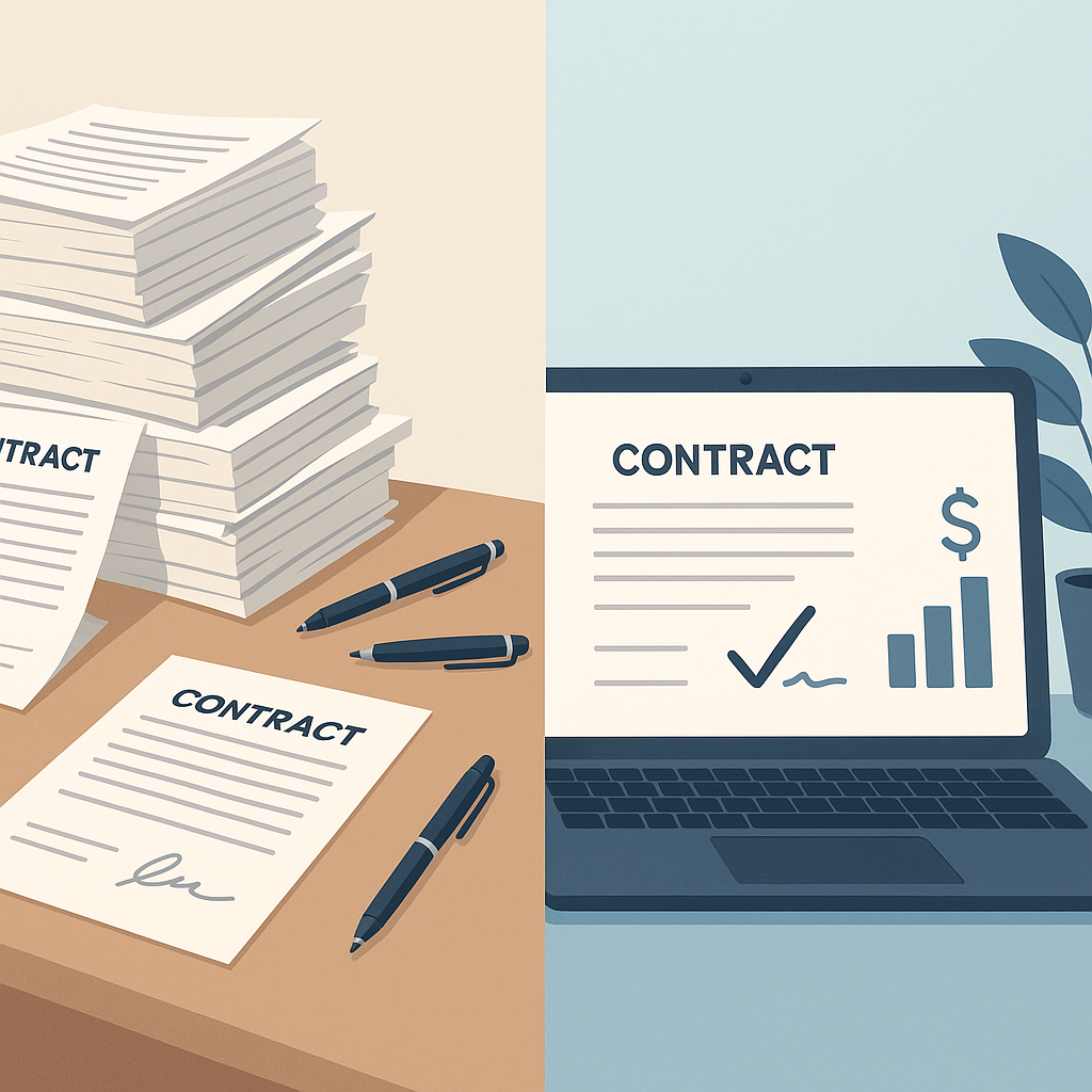 Split-screen illustration showing messy paper contracts vs a clean laptop with digital e-signature and cost-savings dashboard