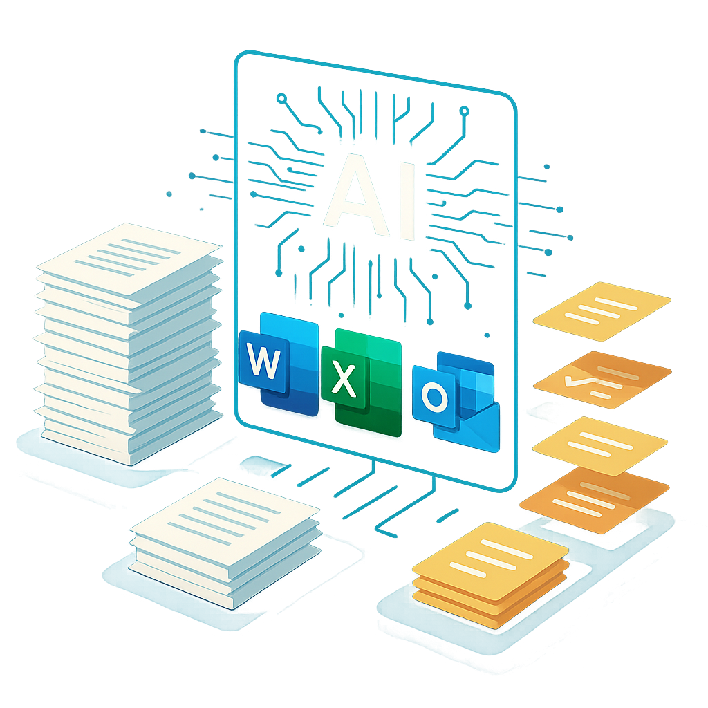 Transparent AI layer hovering over Microsoft 365 icons, turning paper documents into streamlined digital workflows in flat-is