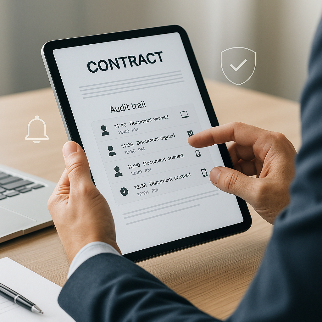 Close-up of professional reviewing a digital contract with visible audit trail, security and notification icons on tablet in 