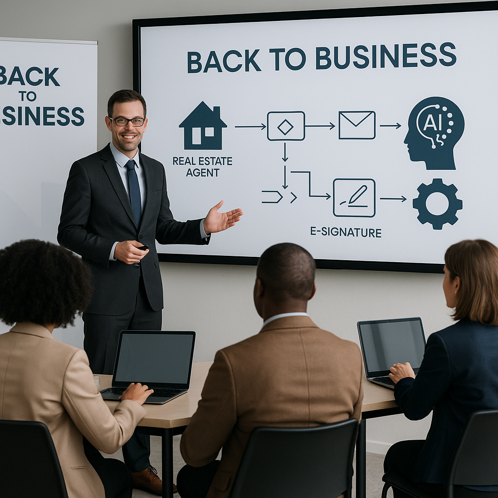 Real estate trainer presenting AI-powered workflow automation and e-signature processes to diverse agents in a modern “Back t