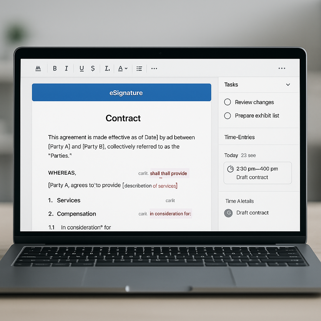 Close-up of secure cloud legal workflow on laptop showing contract edits, tasks, time entries, and e-signature in modern offi