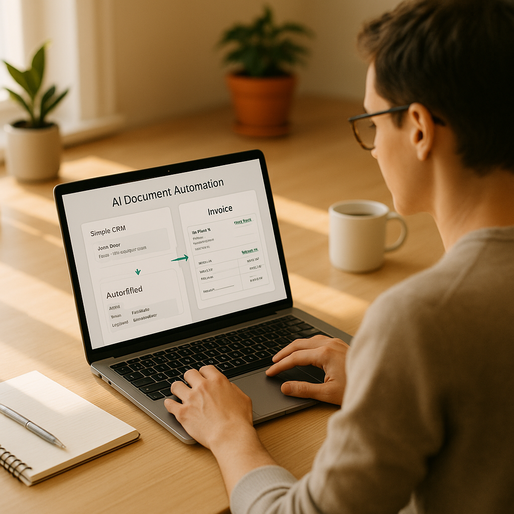 Freelancer at tidy desk using AI document automation on laptop to auto-fill contract and invoice templates from a simple CRM 