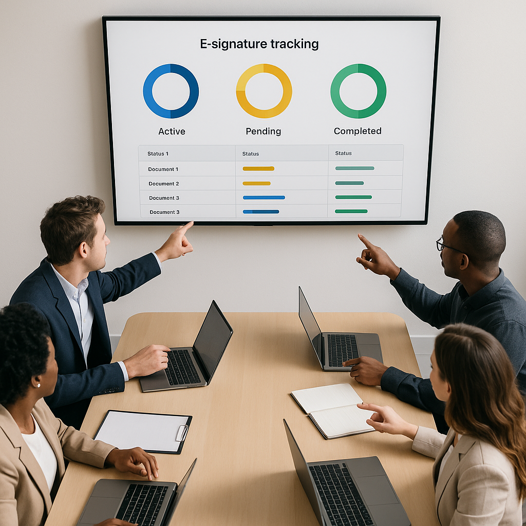 Overhead view of diverse team in modern conference room reviewing e-signature tracking dashboard with active, pending and com