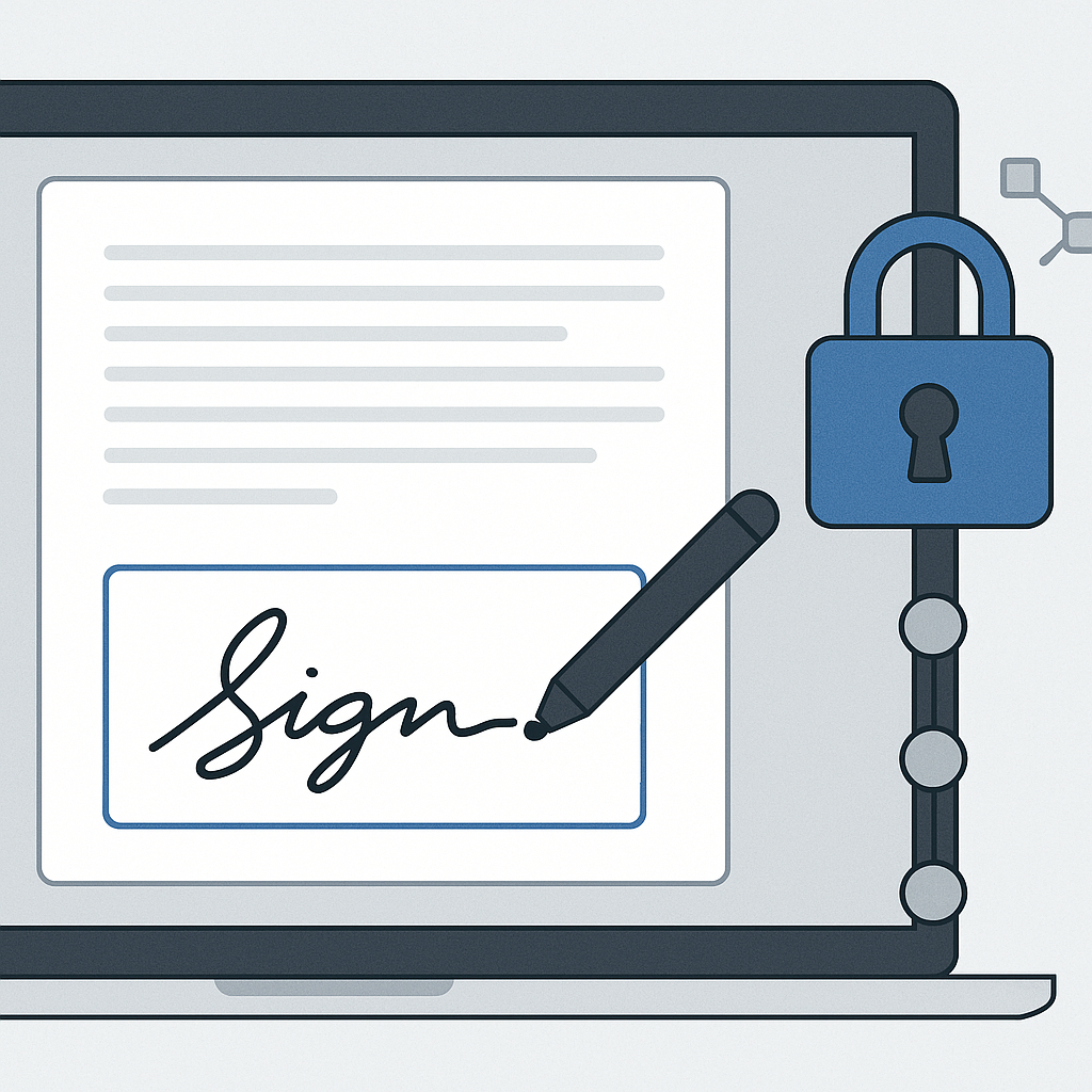 Close-up of secure e-signature workflow on computer showing document, signature field, padlock icon, encryption symbols and a
