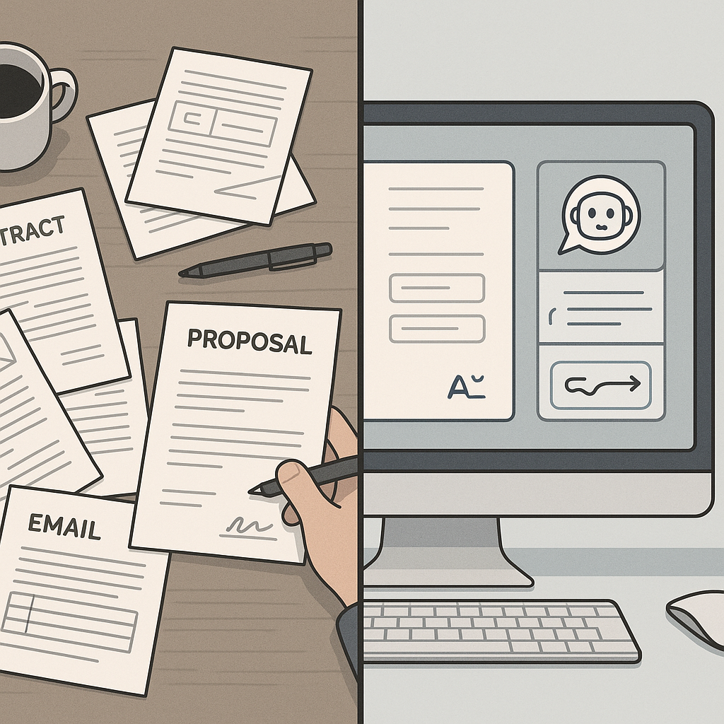 Split-screen of messy freelance paperwork vs streamlined digital workspace with AI auto-creating proposals and sending contra
