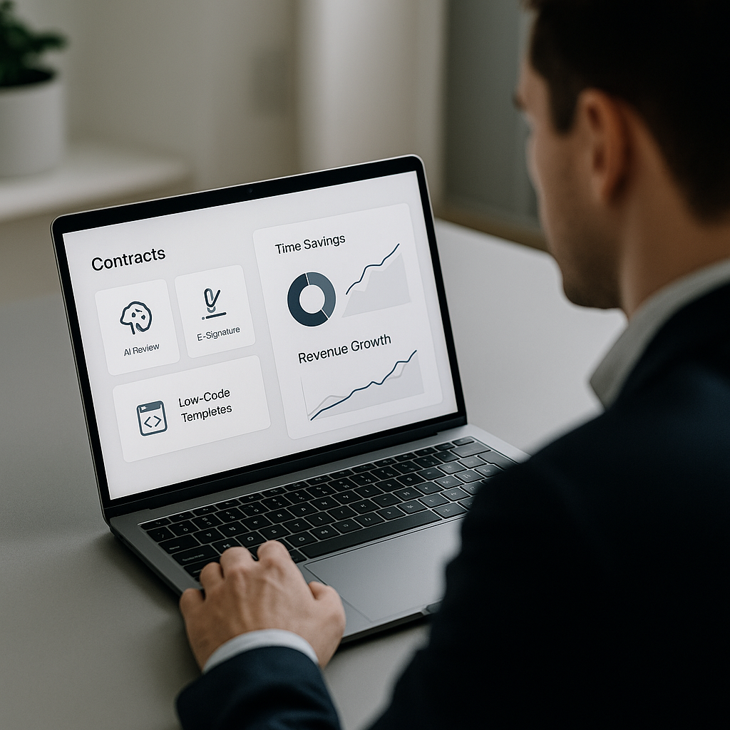Close-up of startup in-house counsel reviewing contract automation dashboard with AI review, e-signature, low-code icons and 
