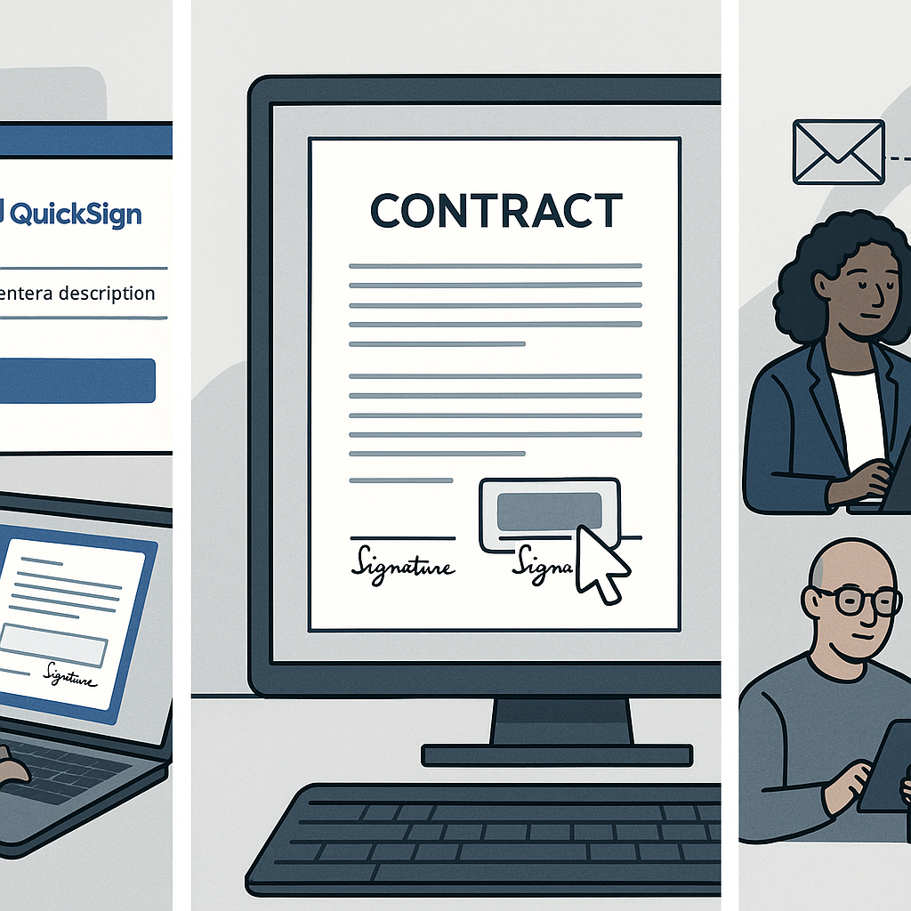 Three‑panel illustration of QuickSign‑style AI contract workflow from text prompt to generated document and multi‑device e‑si