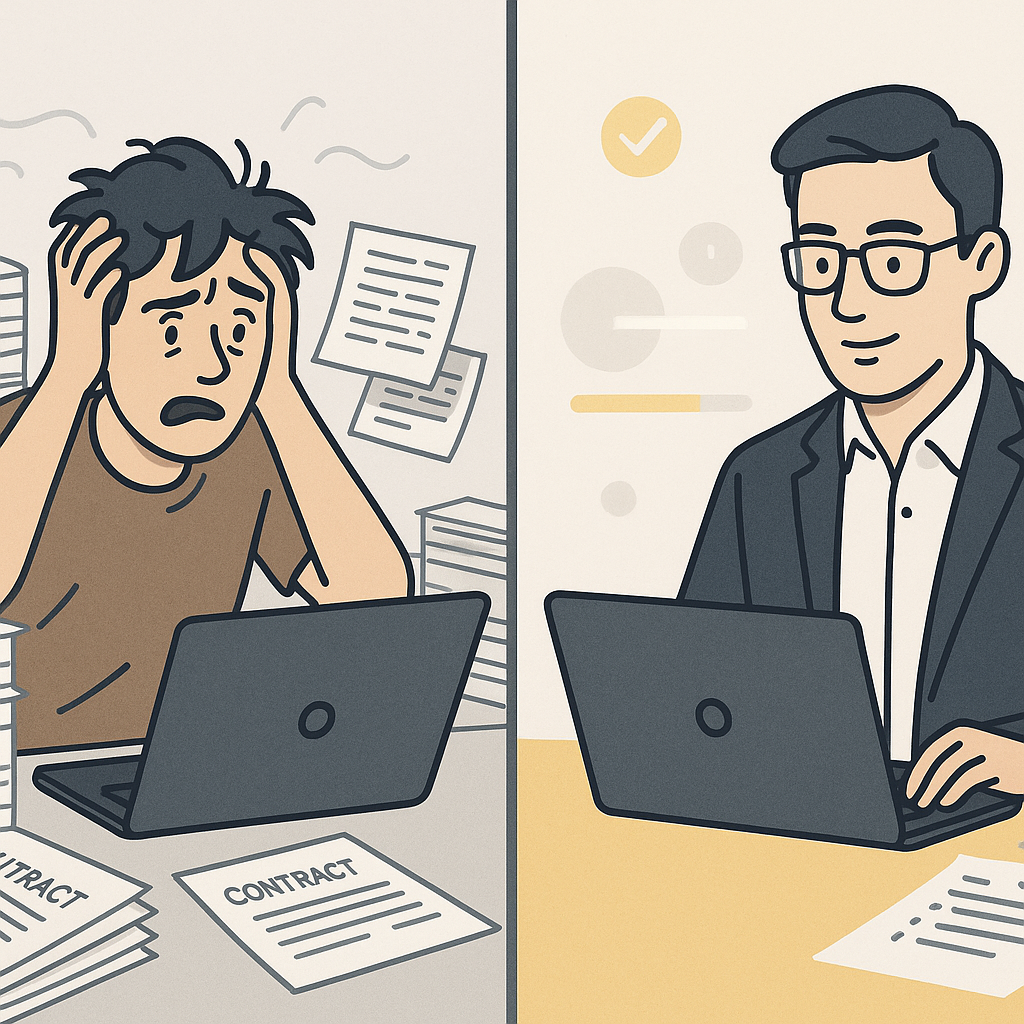 Split-screen of stressed freelancer buried in messy contracts vs calm consultant reviewing polished AI-generated SOW on lapto