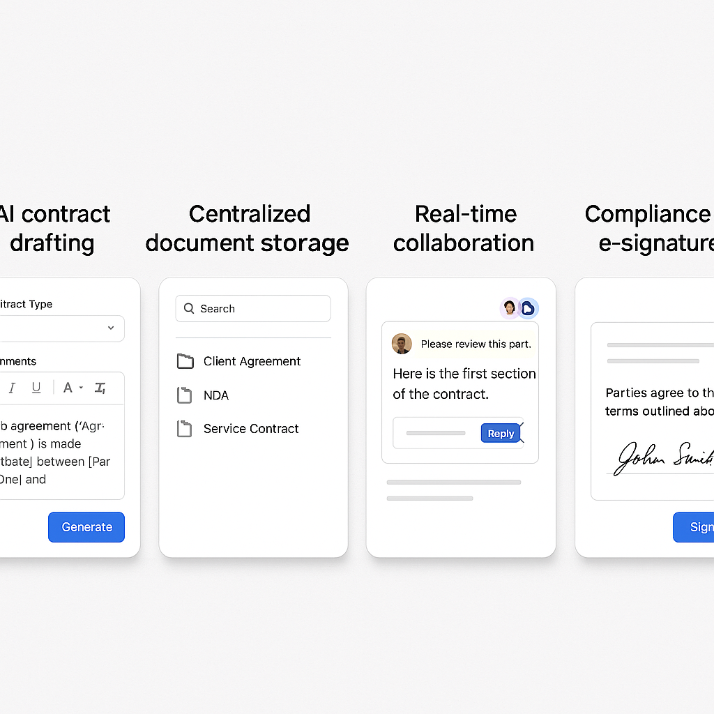 Clean side-by-side UI cards of legal software tools labeled AI drafting, document storage, collaboration, and e-signatures fo