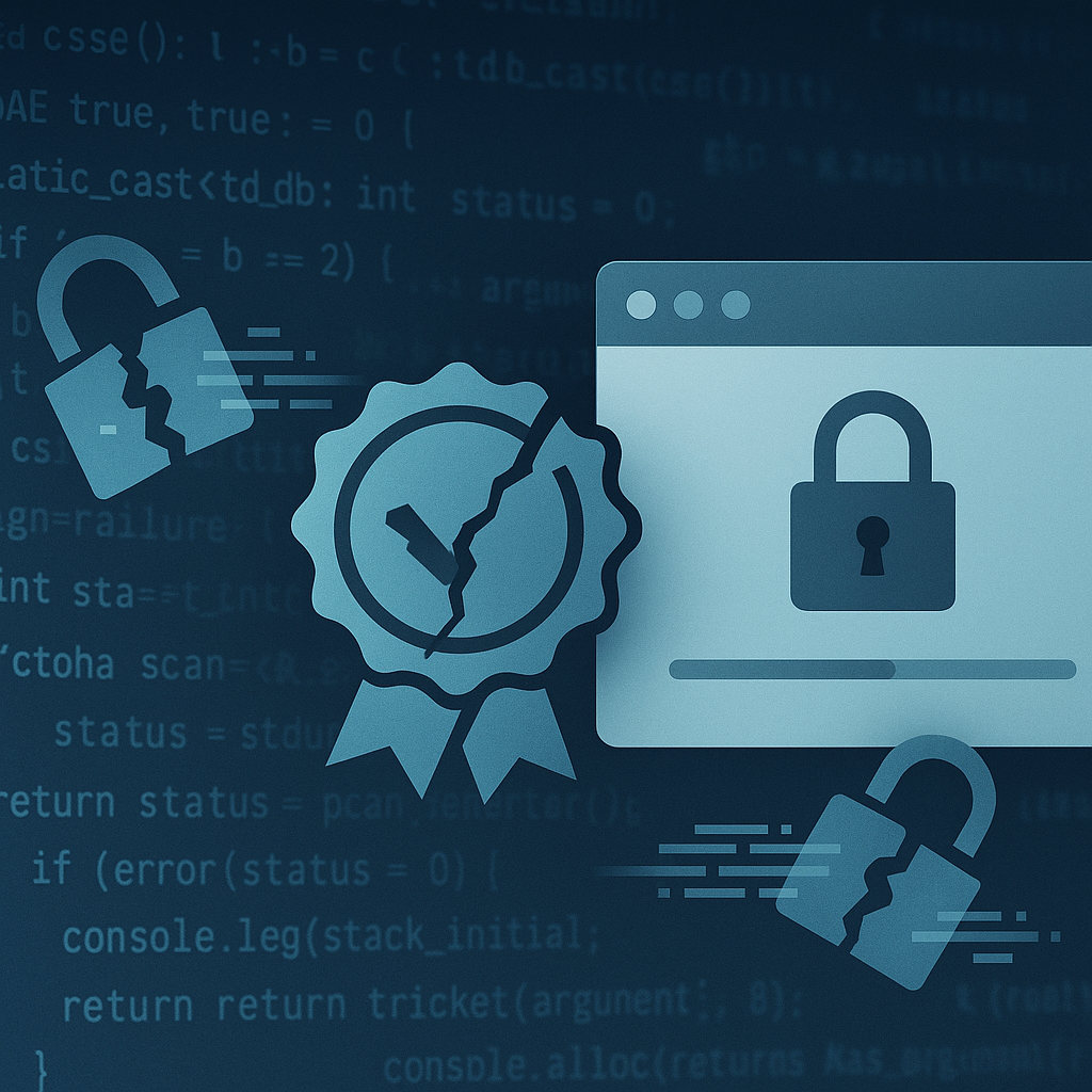 Illustration of broken digital signature seal over macOS-style update window, cracked padlocks and leaking data streams showi