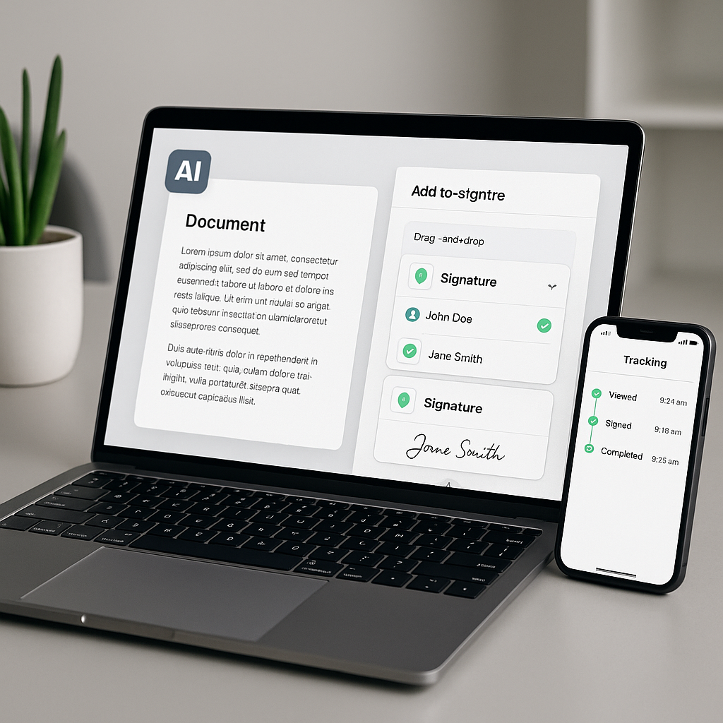 Close-up of laptop and smartphone showing AI-powered document editor with e-signature fields, ID verification badges, and rea