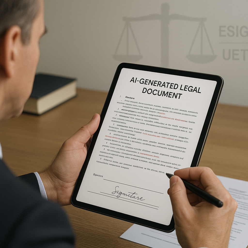 Business professional reviewing AI-generated legal document with tracked changes on tablet, digital signature field, ESIGN/UE