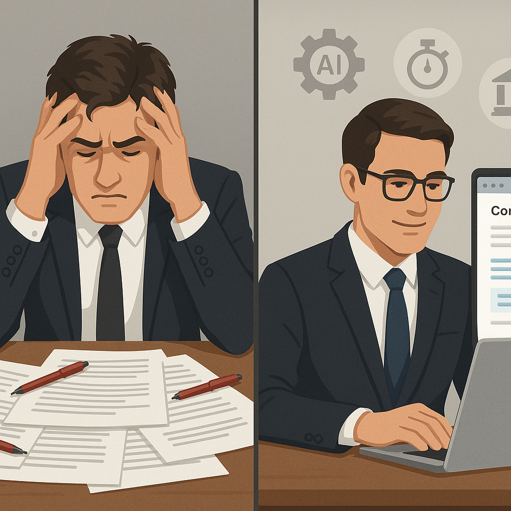 Split-screen of stressed paper-heavy lawyer vs calm lawyer using AI contract editor with highlighted clauses, automation icon