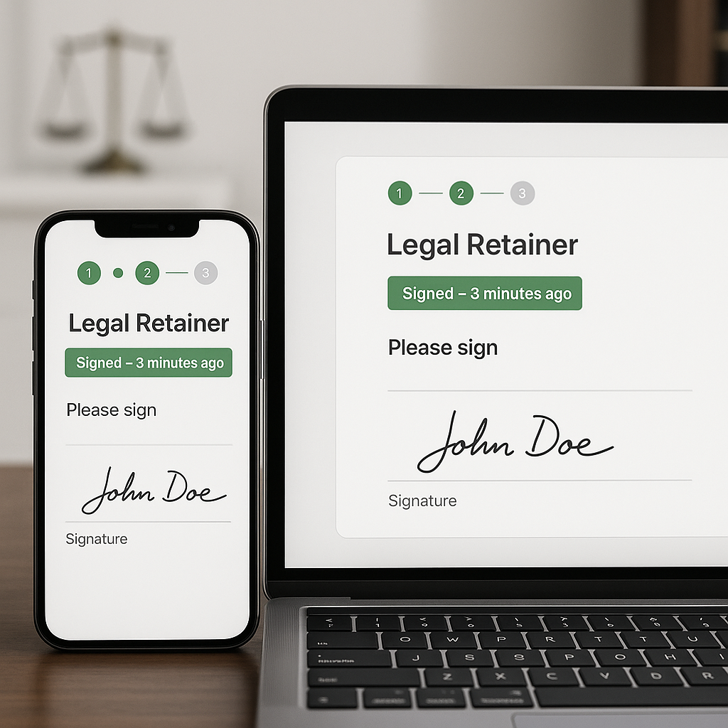 Close-up of smartphone and laptop showing client-friendly legal retainer e-signature interface with progress bar and recent s