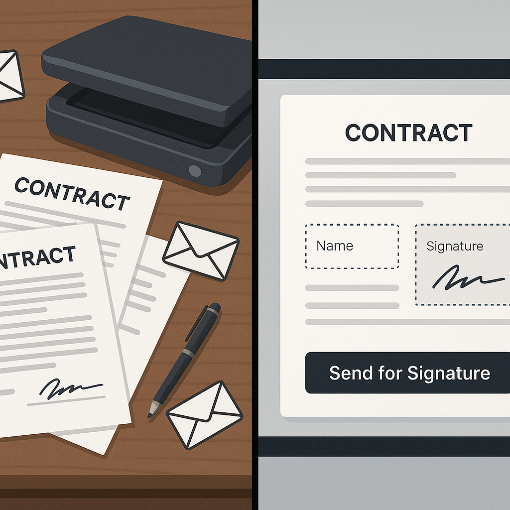 Split-screen illustration showing cluttered paper contract signing vs a sleek QuickSign-style e-signature interface highlight