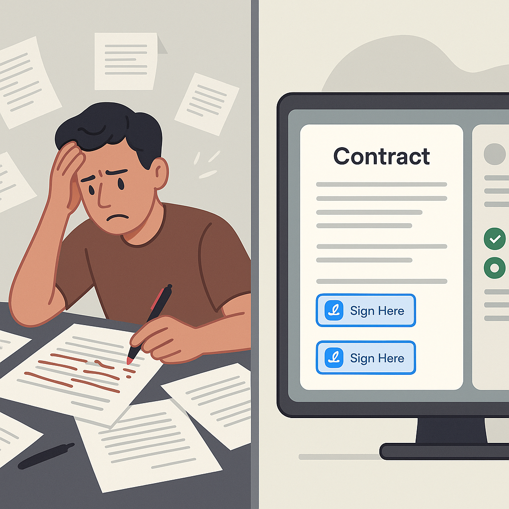Split-screen vector of chaotic paper contract edits vs. clean AI QuickSign-style digital contract dashboard with e-sign and s