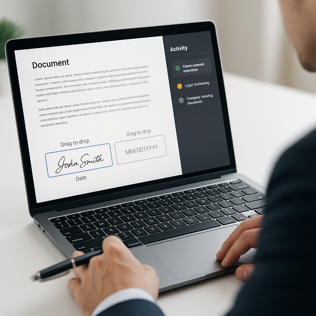 Close-up of professional using e-signature software on laptop with drag-and-drop fields and live document activity sidebar