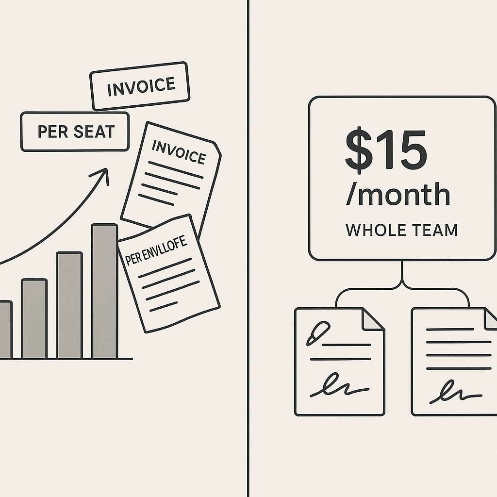 Side‑by‑side costs comparison: complex rising per‑seat/per‑envelope invoices vs simple $15/month flat‑rate e‑signature plan f