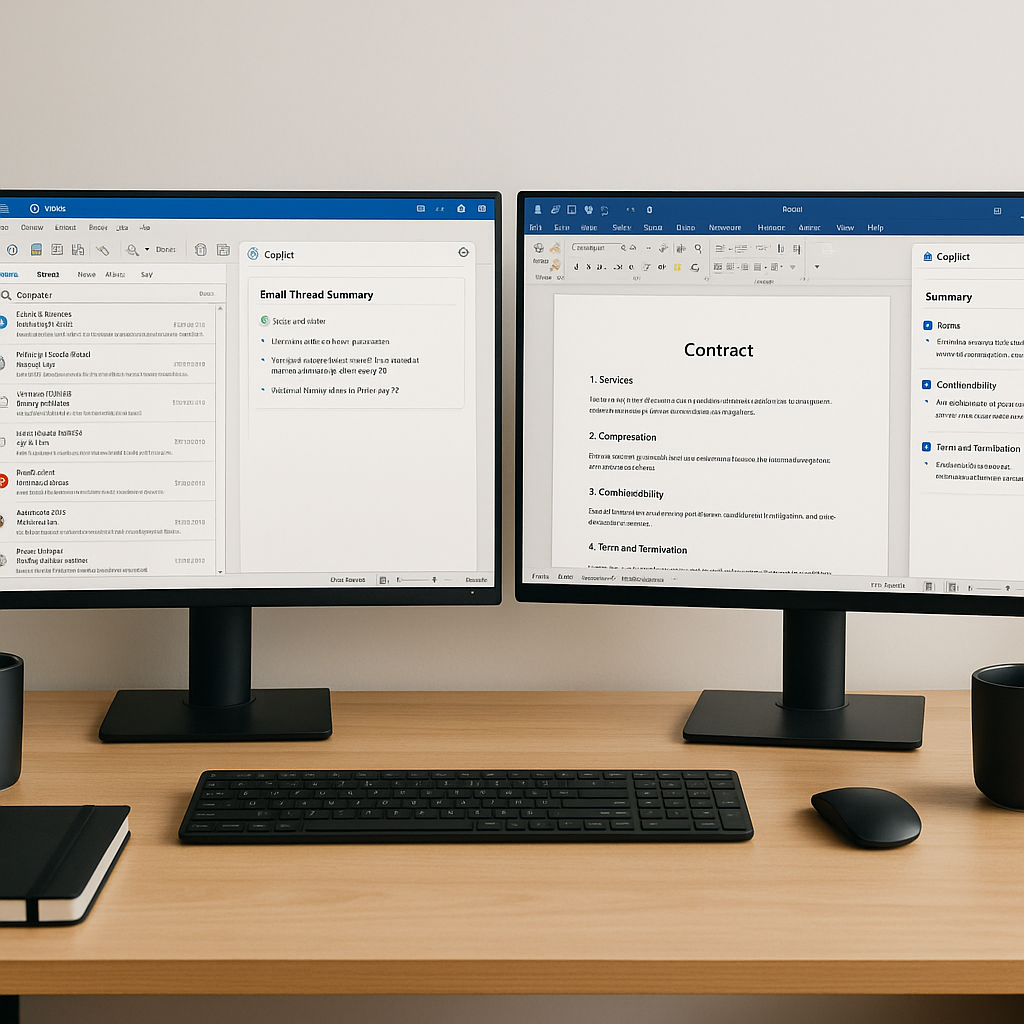 Close-up of freelancer desk with dual monitors showing AI Copilot in Word and Outlook organizing emails and contracts for pro