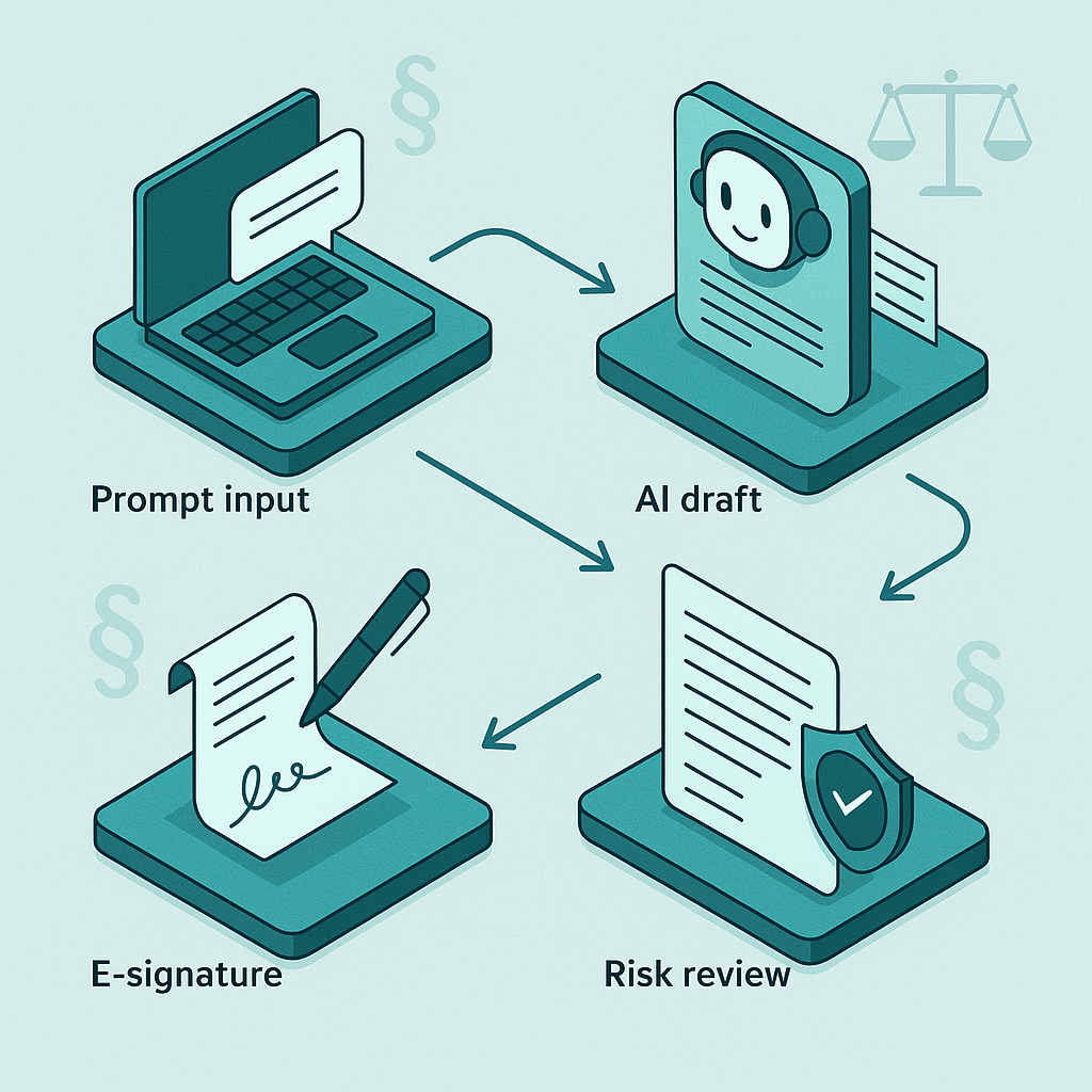 Isometric illustration of AI contract lifecycle: prompt input, AI draft, risk review, e-signature, legal icons, arrows in Qui