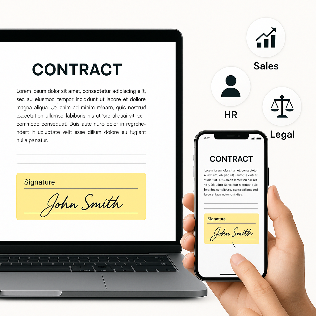 Close-up of digital contract on laptop and phone with highlighted e-signature fields and icons for sales, HR, and legal use c