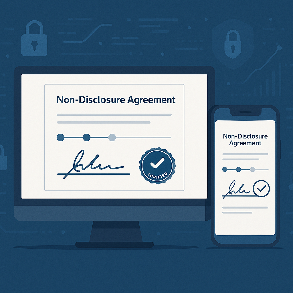 Close-up of secure e-signature NDA on computer and smartphone, with verified digital stamp, progress bars, and encrypted data