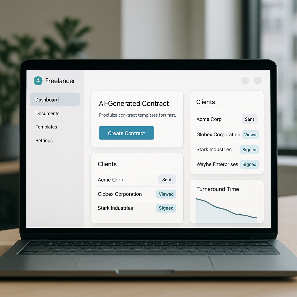 Dashboard mockup of AI-powered e-signature SaaS for freelancers showing contract templates, client list, status tags and fast