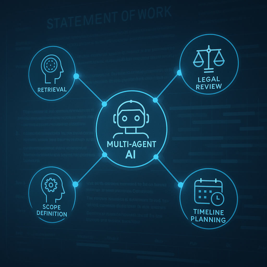 Close-up of futuristic dashboard showing multi-agent AI nodes for retrieval, legal review, scope definition, and timeline pla