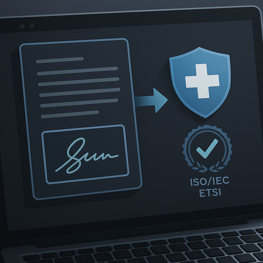 Close-up of a digital contract e-signing interface with Swiss cross shield, certification badge, and ISO/IEC, ETSI compliant 