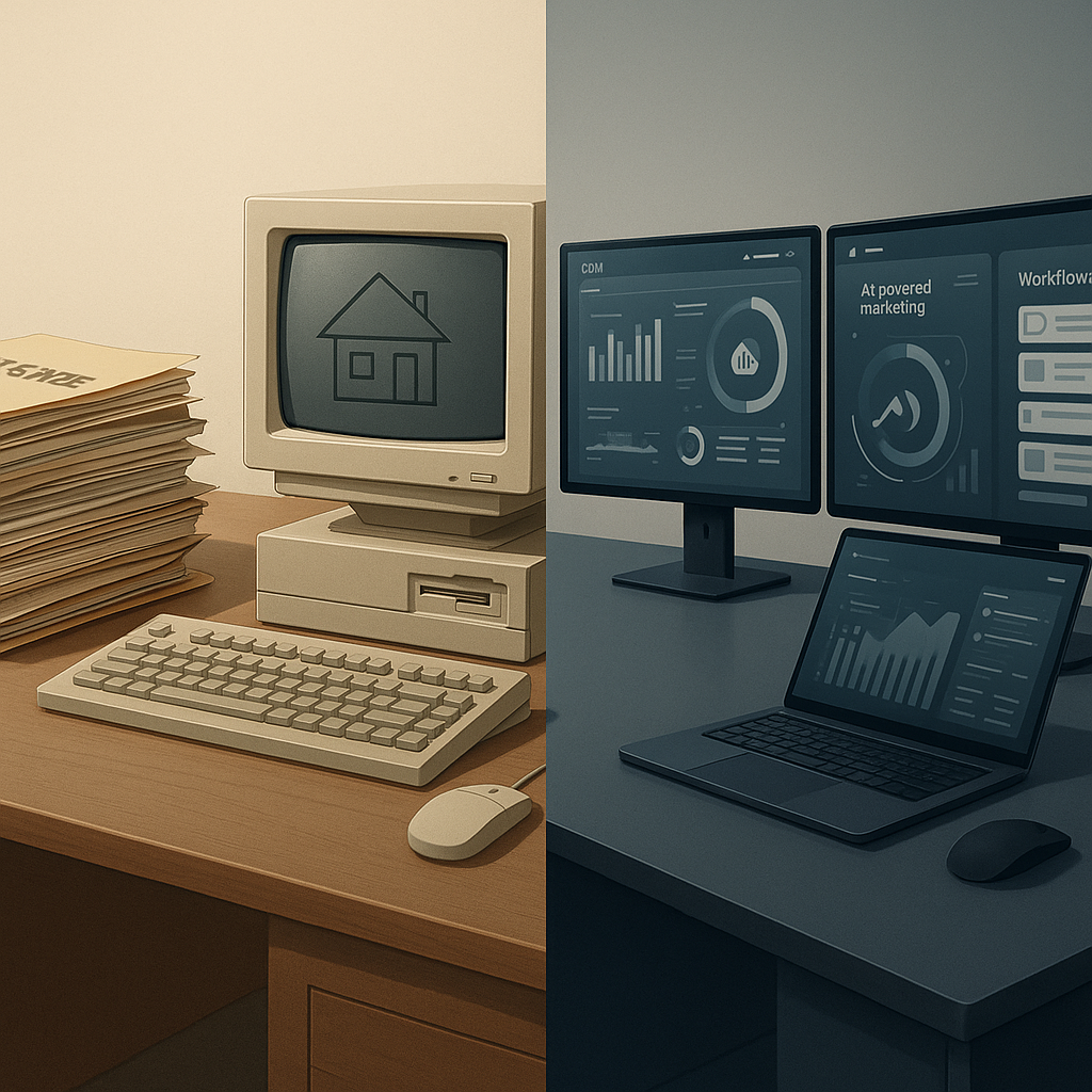 Split-screen illustration of real estate tech evolving from paper files to a 2026 multi-monitor AI CRM and workflow setup for