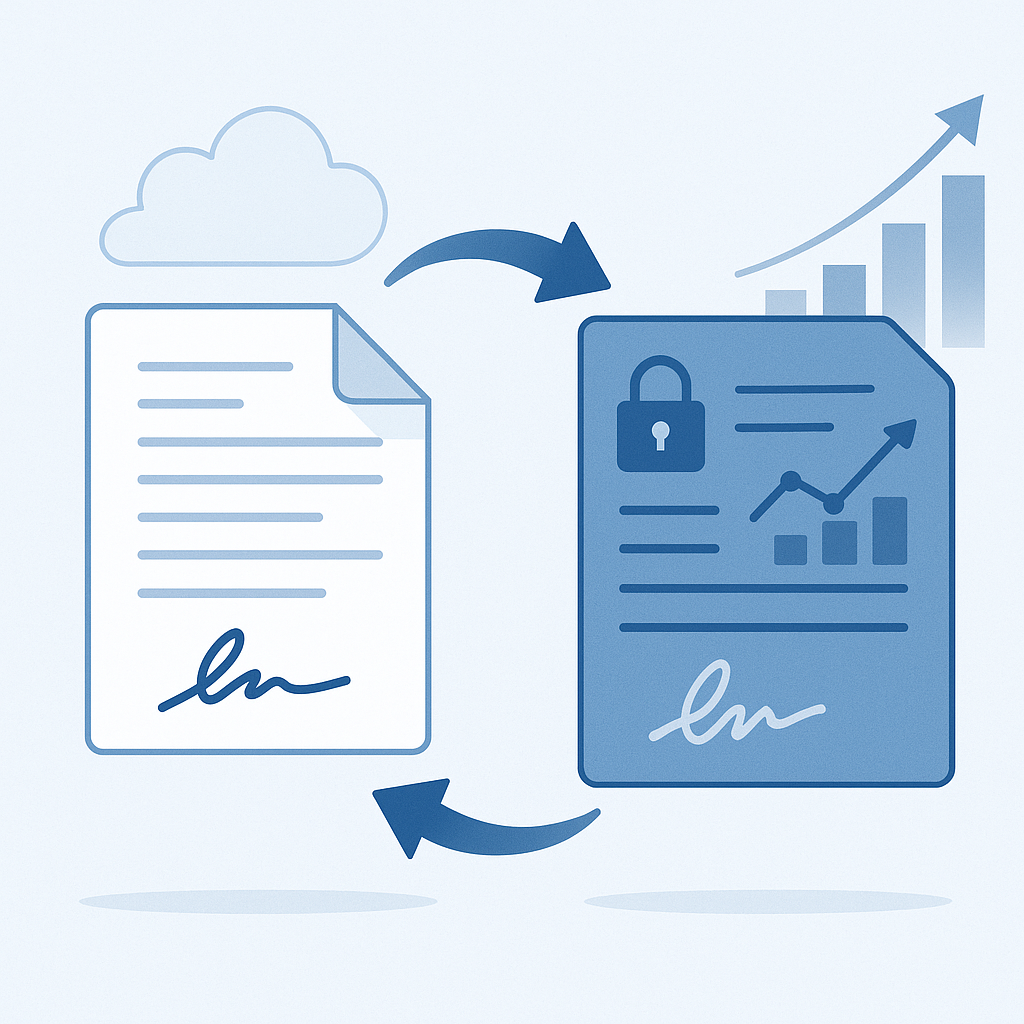 Flat blue and white illustration of consulting contracts transforming into secure e-signed documents with padlock icons and u