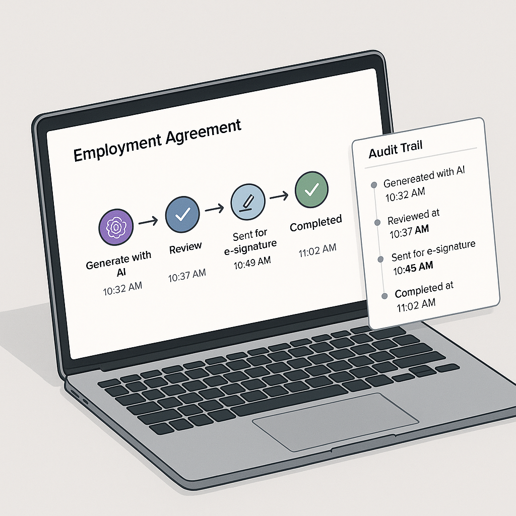 Isometric illustration of a laptop showing automated employment agreement workflow dashboard with AI generation, review, e-si