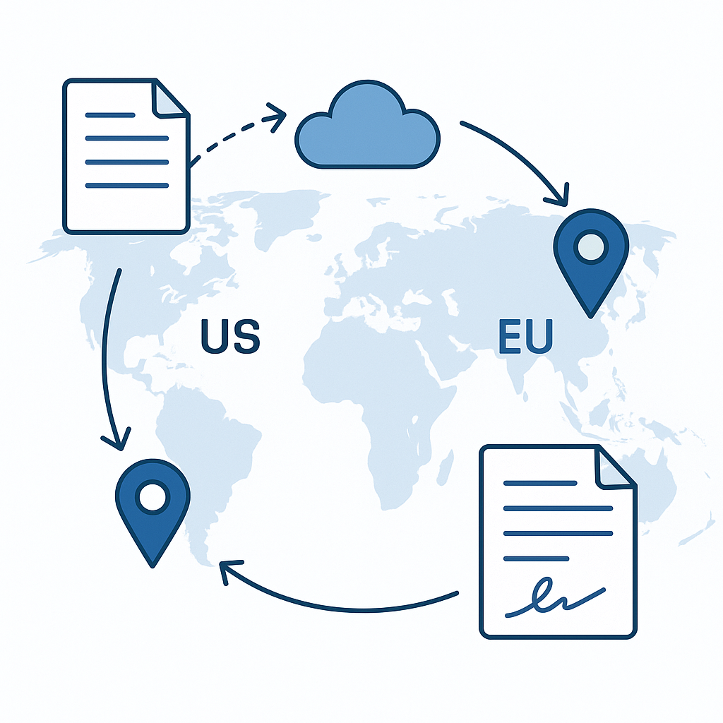 Illustration of global digital PDF signing workflow with documents, cloud storage, US/EU region labels and location pins in b