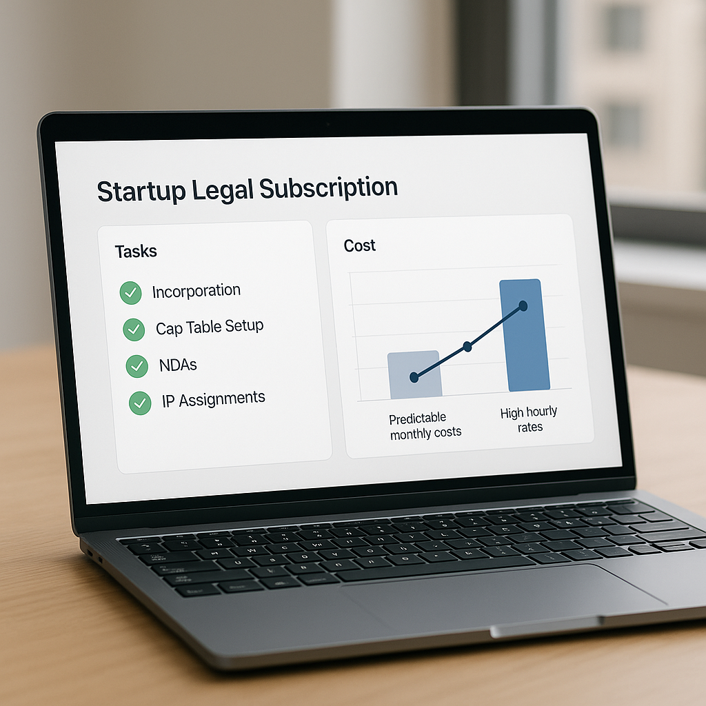 Close-up of laptop showing “Startup Legal Subscription” SaaS dashboard with completed tasks and charts comparing monthly fees