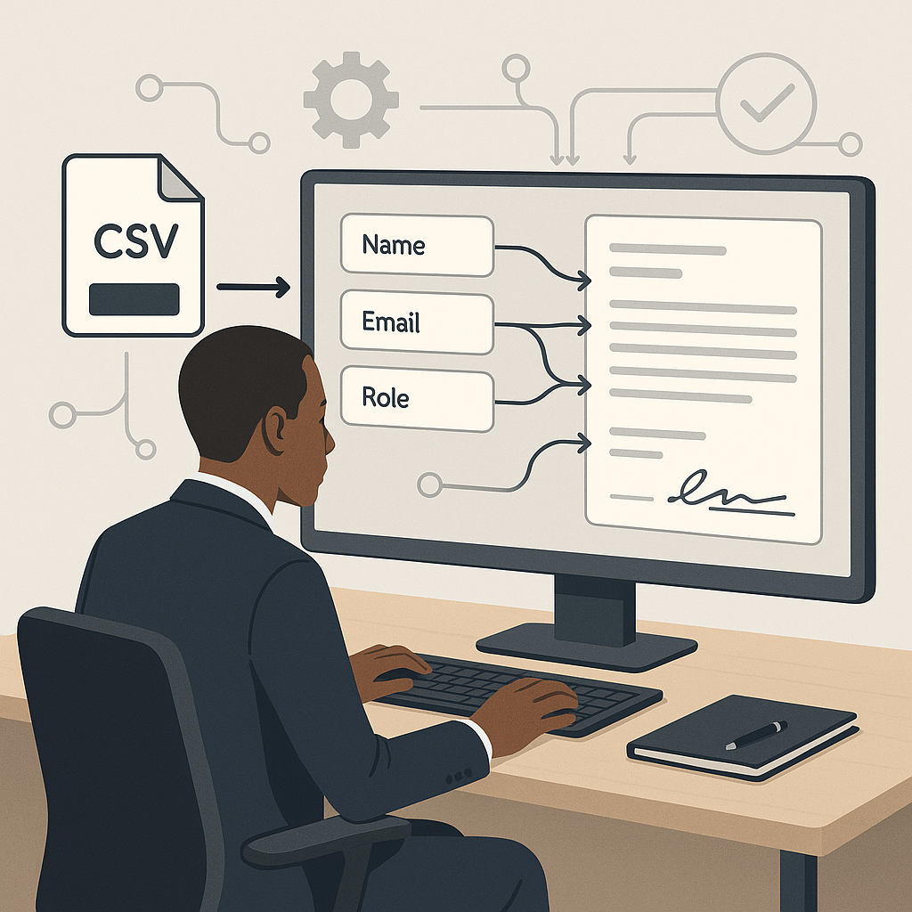 HR operations professional mapping CSV fields to e-signature contract template on computer, with automation icons and flow li