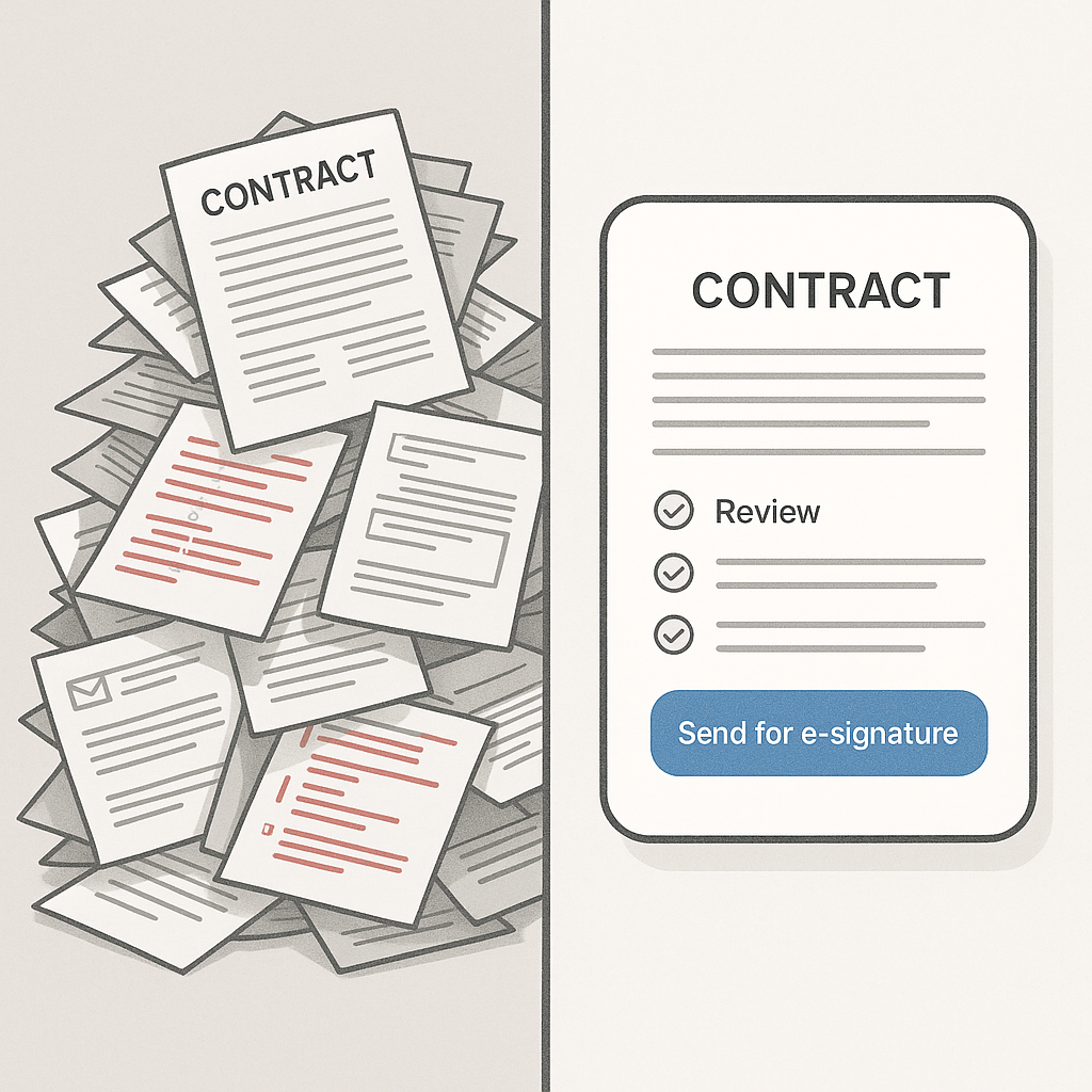 Split-screen illustration of messy paper contracts and emails vs streamlined QuickSign-style AI contract drafting and e-signa