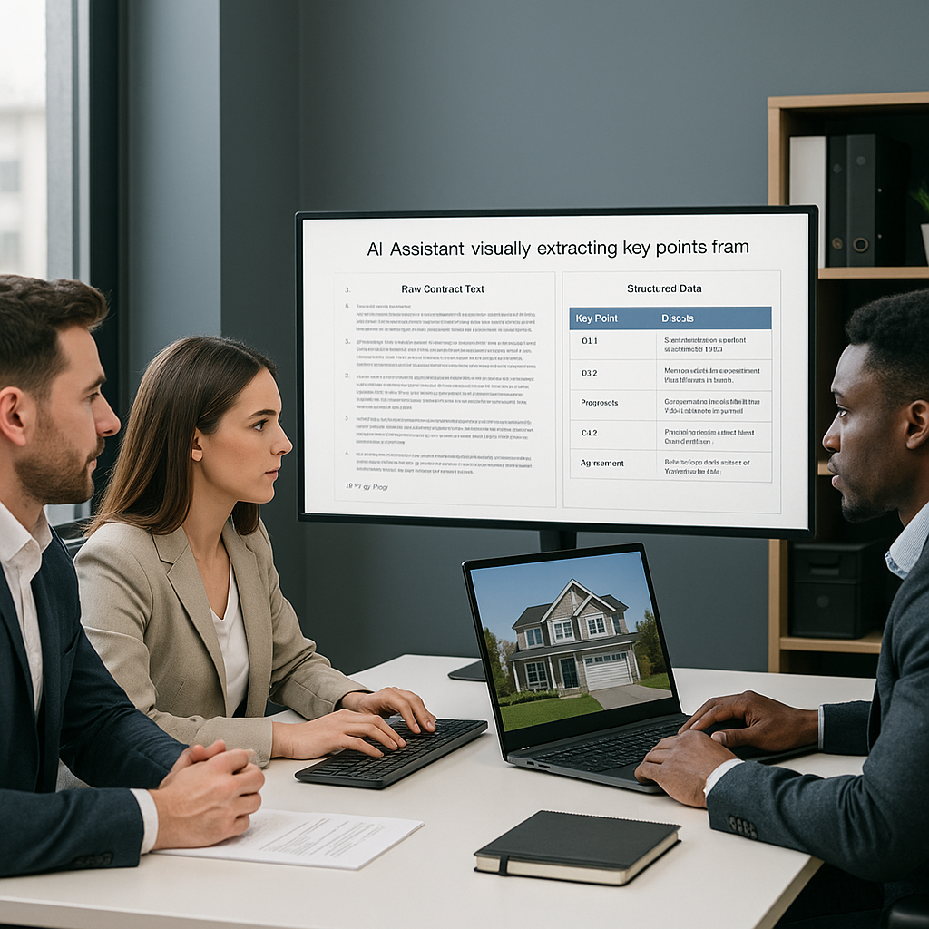 Small real estate team in compact office using AI on multiple screens to extract and tabulate key points from a long contract