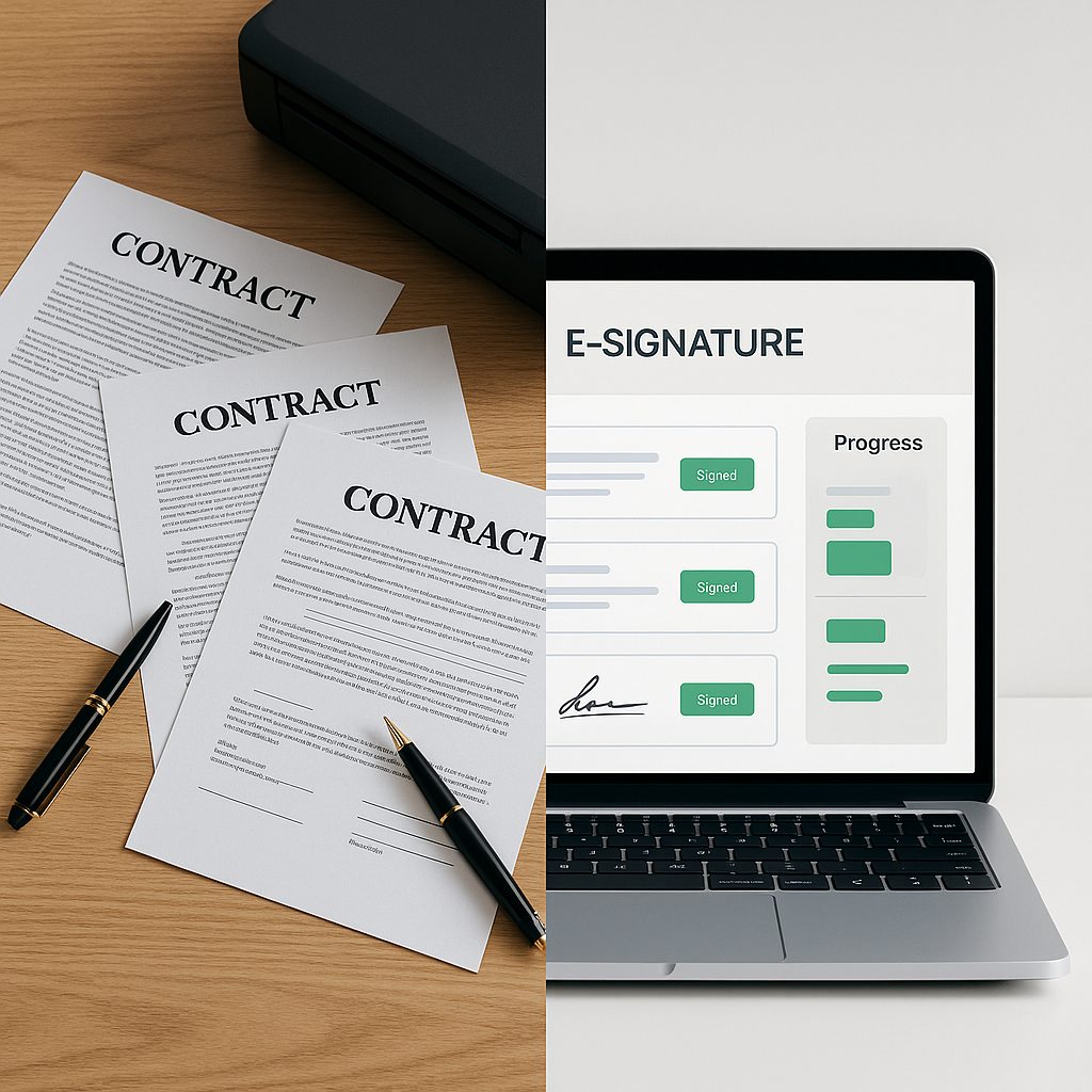 Split-screen of messy paper contract desk vs clean digital e-signature dashboard, illustrating shift from manual to digital s
