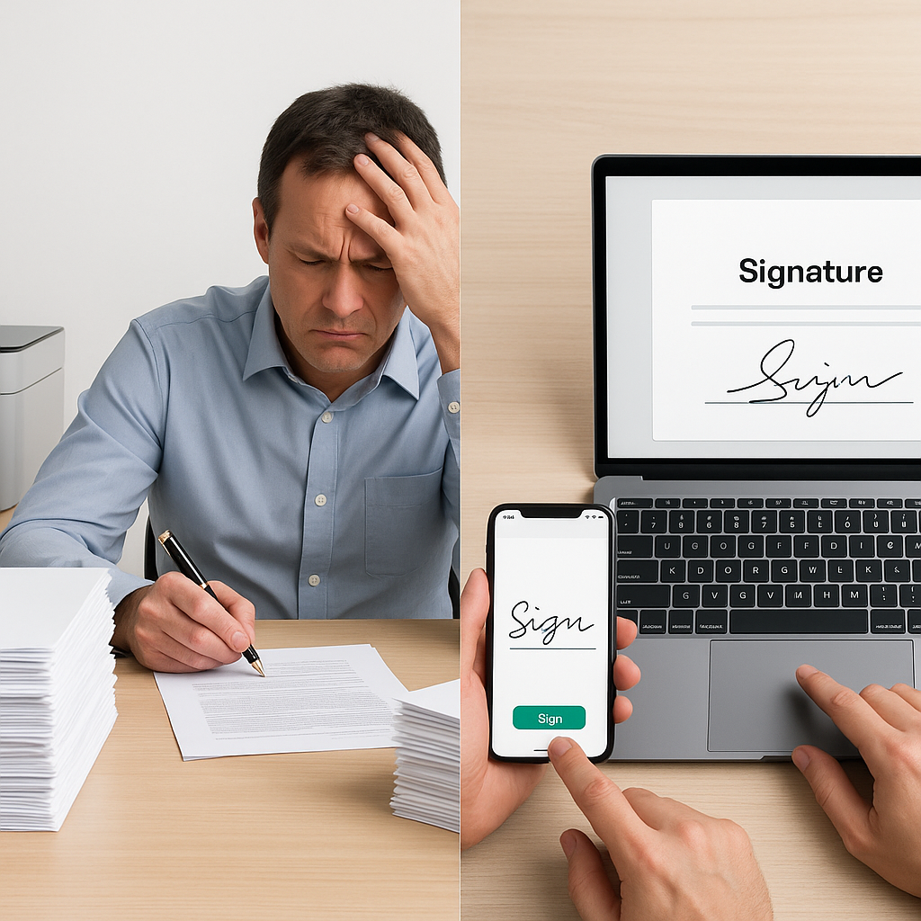 Split-screen of cluttered paper signing vs clean e-signature on laptop and phone, highlighting faster, simpler digital workfl