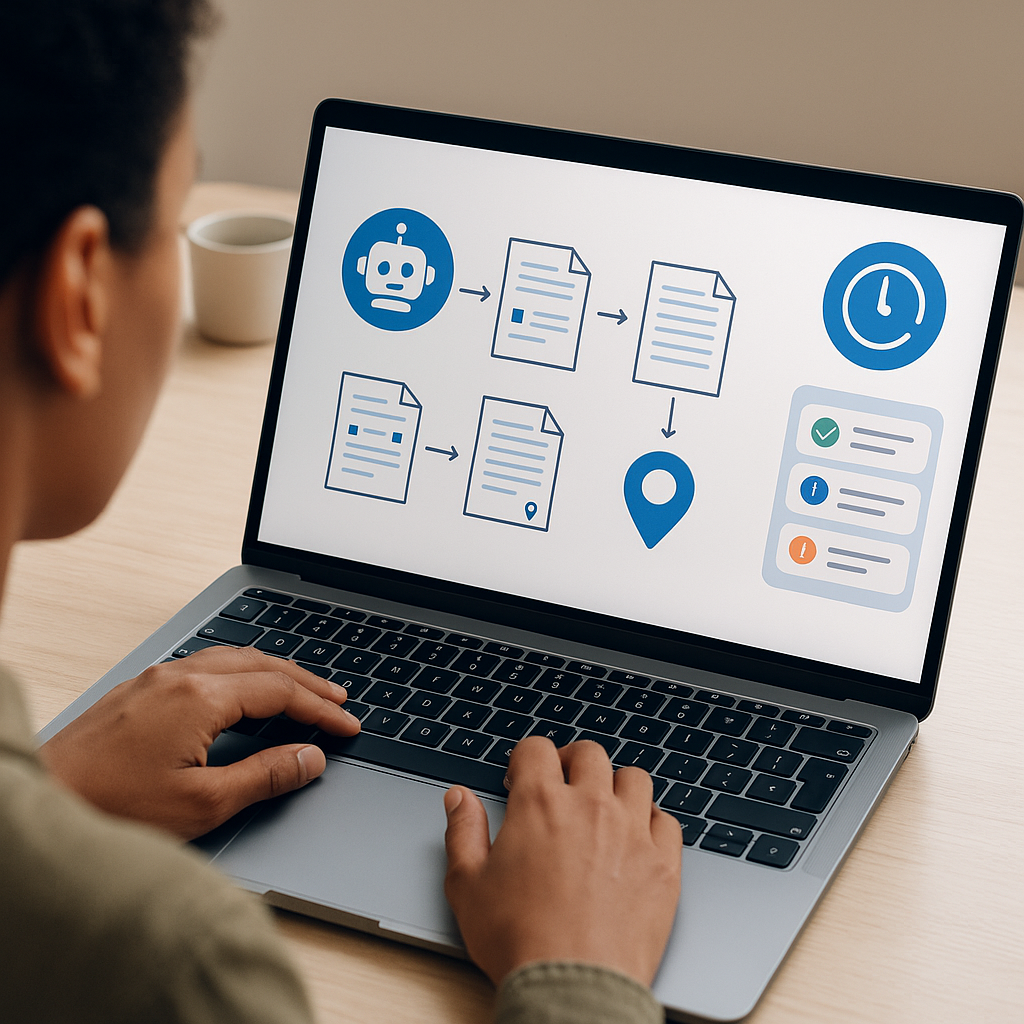 Freelancer at laptop using AI tool that auto-formats, routes, and tracks documents, with overlays showing time saved and unif