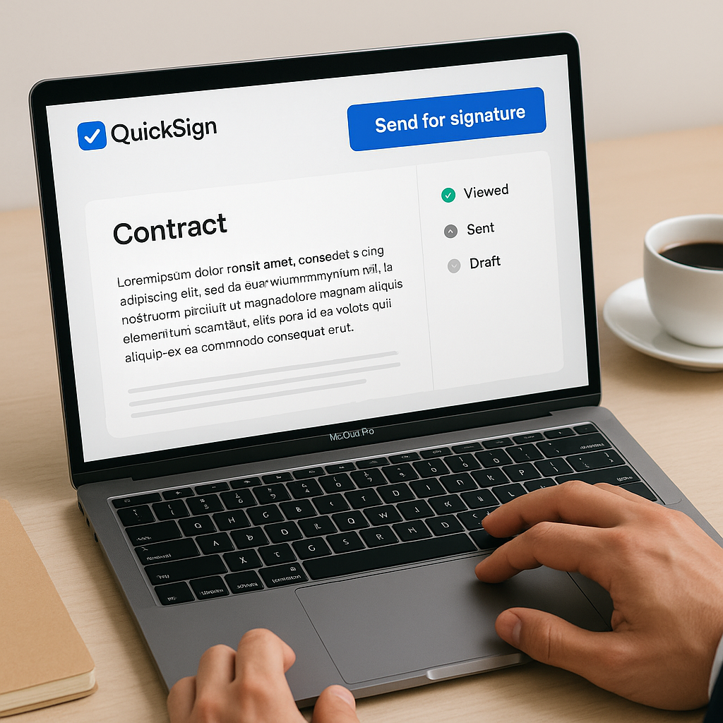 Close-up of QuickSign AI e-signature SaaS interface showing contract, “Send for signature” CTA, status icons, consultant at m