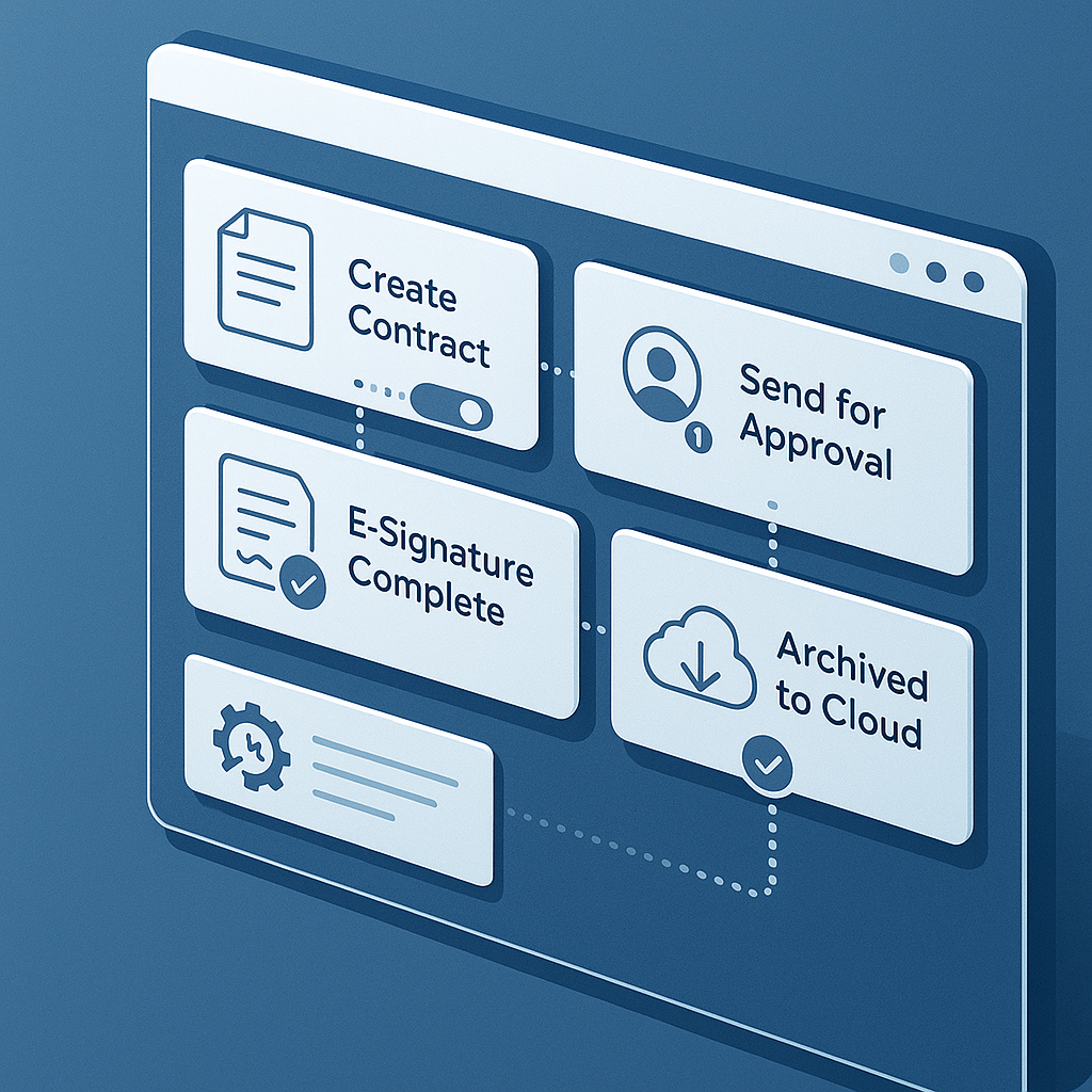 Isometric digital dashboard automating document workflows with panels for create contract, approvals, e-signature, cloud arch