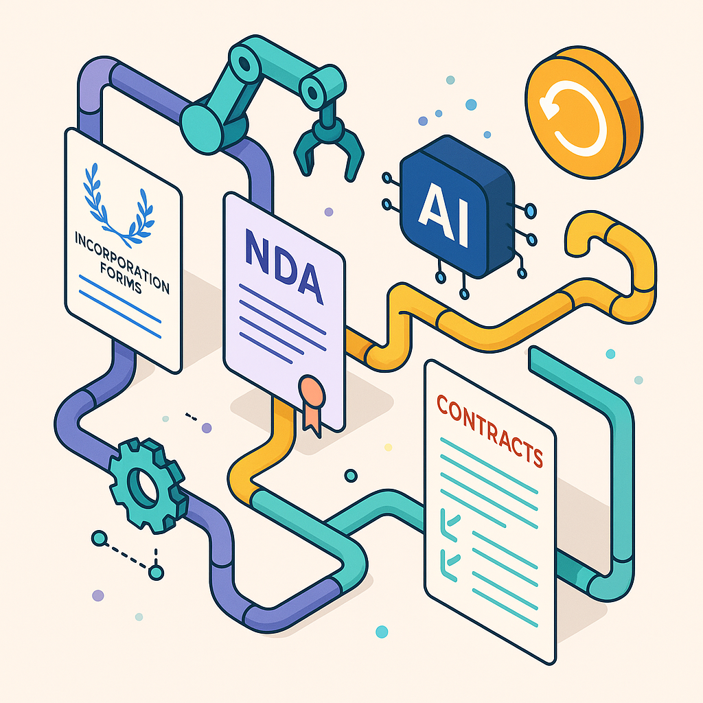 Isometric illustration of automated startup legal workflow with AI icons, contracts, NDAs, compliance checklists, and subscri