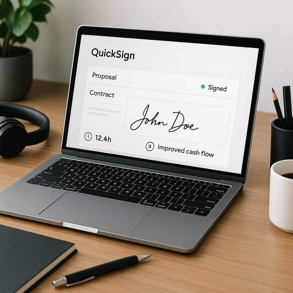 Close-up of a freelancer desk with laptop showing QuickSign e-signature proposal, contract, progress tracking, billed hours a