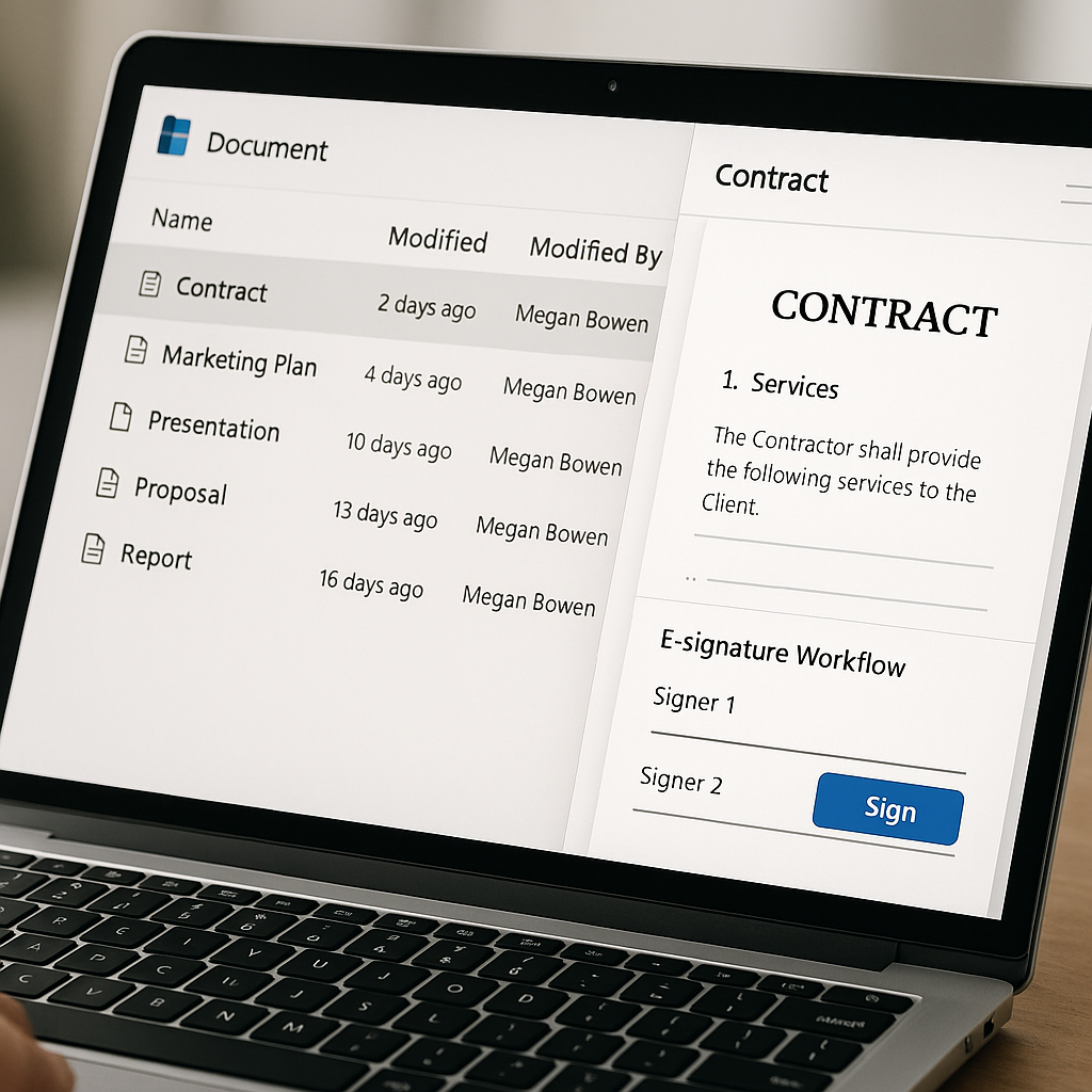 Close-up of freelancer using SharePoint-style document library with contract side panel, e-signature workflow for Signer 1 an