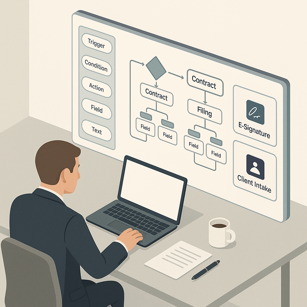 Isometric dashboard of a no‑code automation platform for a boutique law firm, showing contract workflows, e‑signature and cli