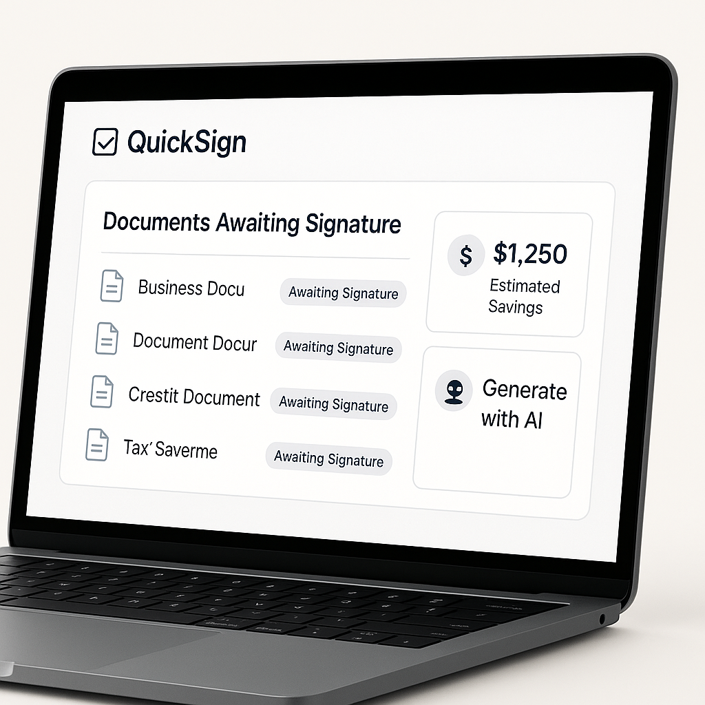 Close‑up of QuickSign e‑signature SaaS dashboard showing pending documents, pricing savings metrics, and AI assistant icon on