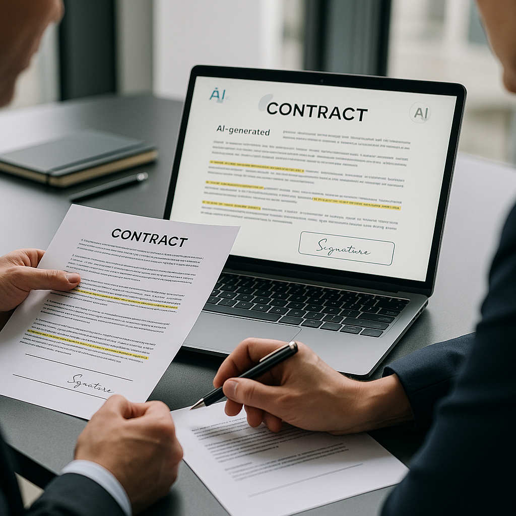 Close-up of two professionals reviewing an AI-generated contract on a laptop, highlighted clauses and digital signature panel