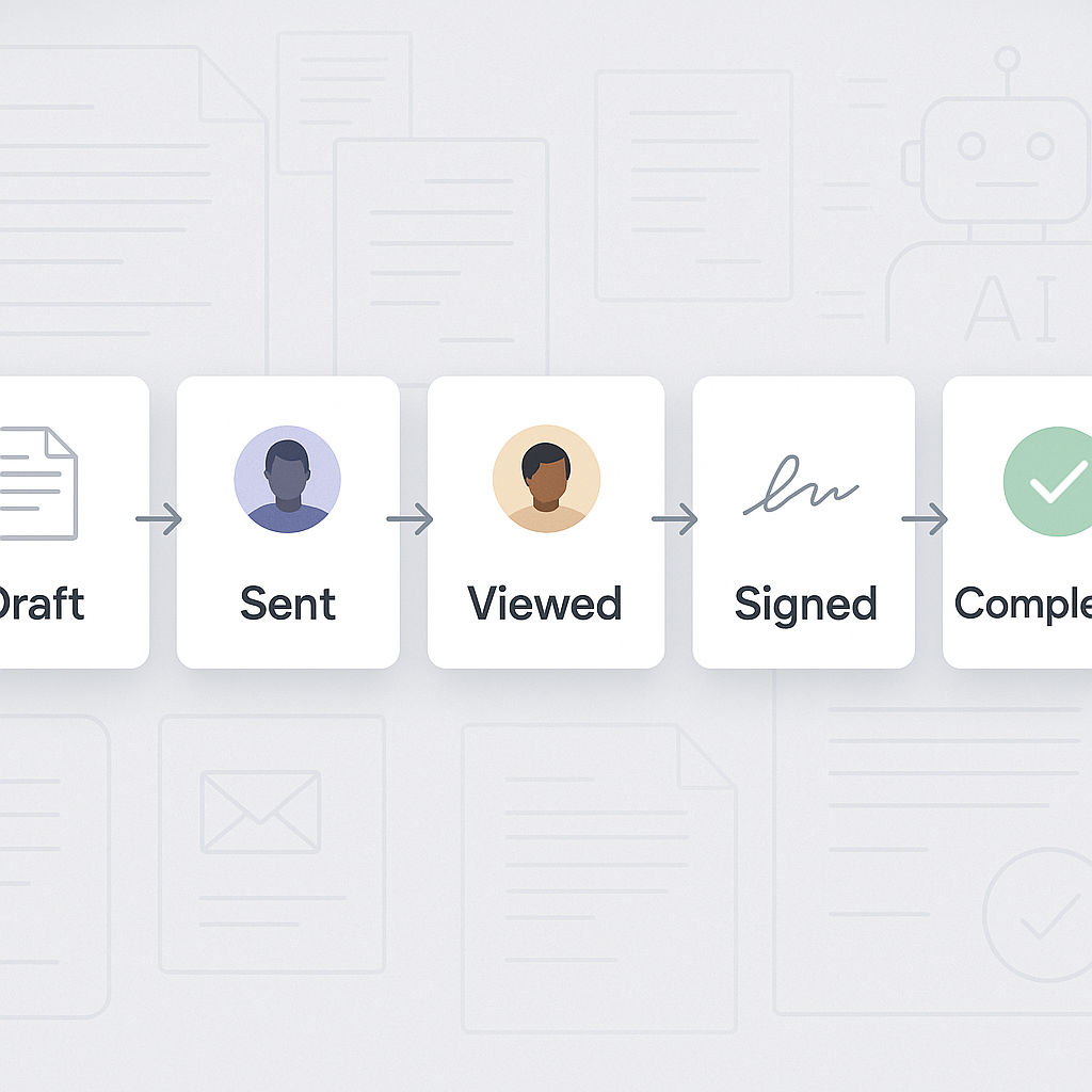 Conceptual e-signature workflow showing draft to completed stages with people icons, checkmarks, digital documents and subtle